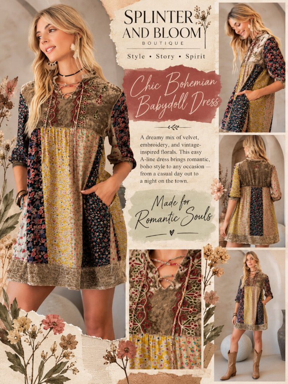 NWT Young Threads Boho Stone-Washed Velvet Patchwork Babydoll Dress
